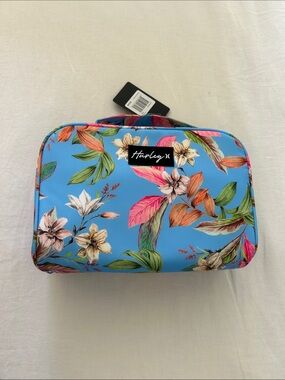Hurley Blue Floral Cosmetic Pouch with Multicolor Leaves
